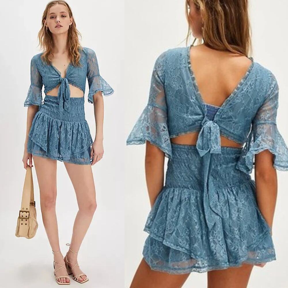 NEW Free People Lala Lace Mini Dress Baby Denim Blue Boho Romantic Femme Medium - Picture 2 of 9